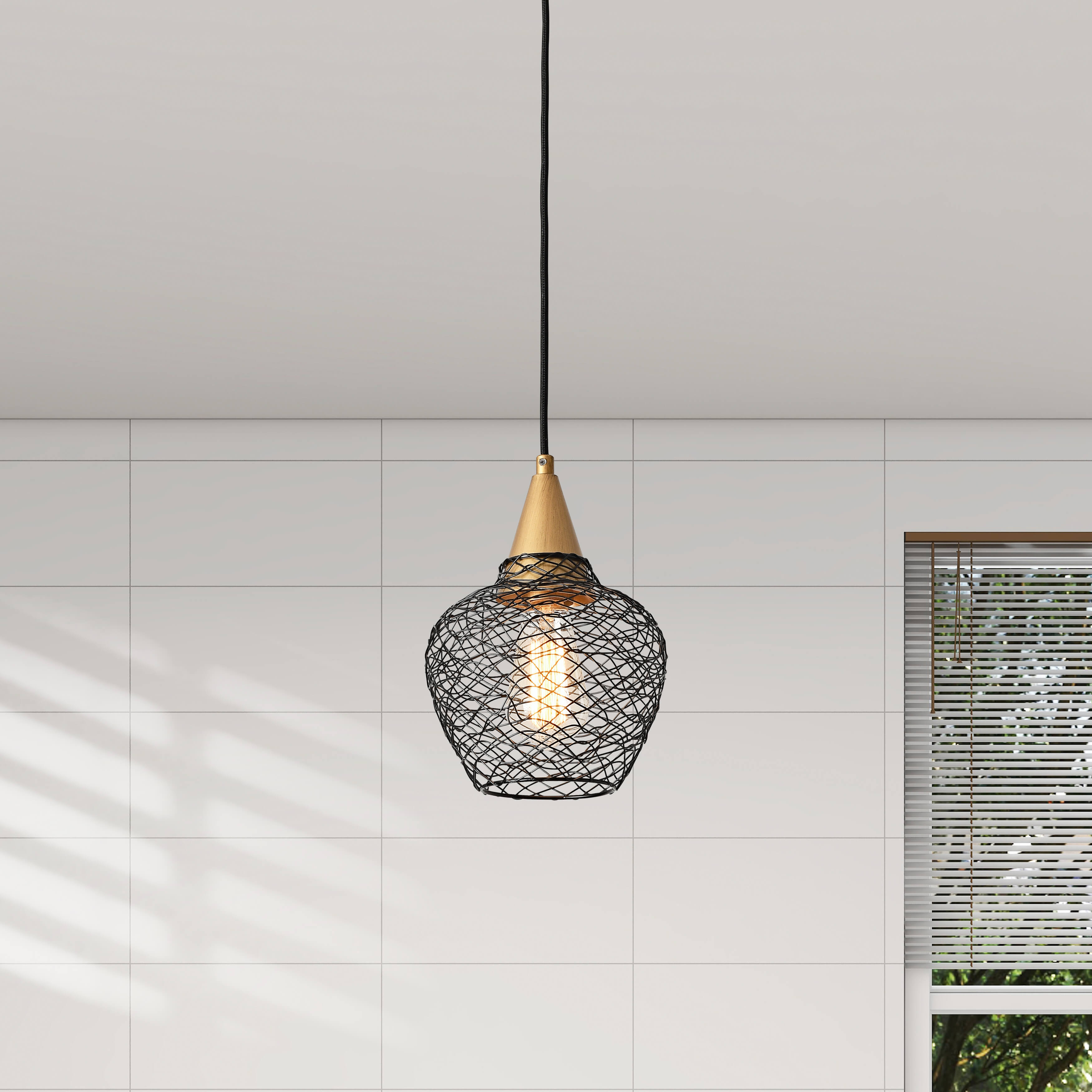 Edita 1-light Black and Brushed Brass Finish Woven Wire Cage Pendant