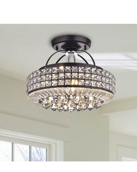 Jolie Antique Black Drum Shade Crystal Semi Flush Mount Chandeli