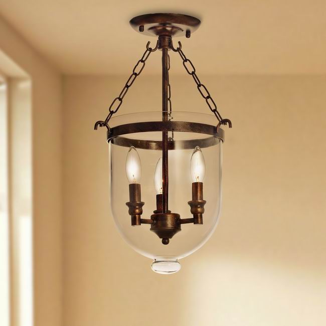 Antique Copper Glass Lantern Flush Mount Chandelier