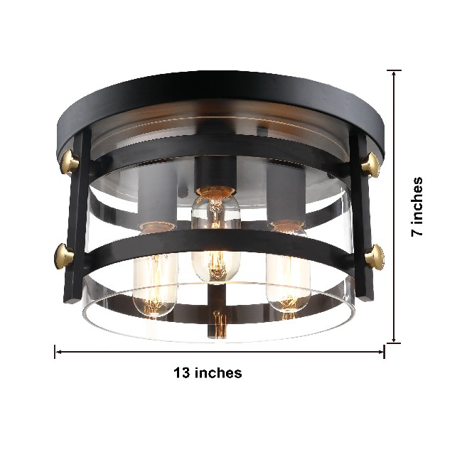 Teresa Metal and Clear Glass 13" W 3-light Black Flush Mount BX-0829-SDZ