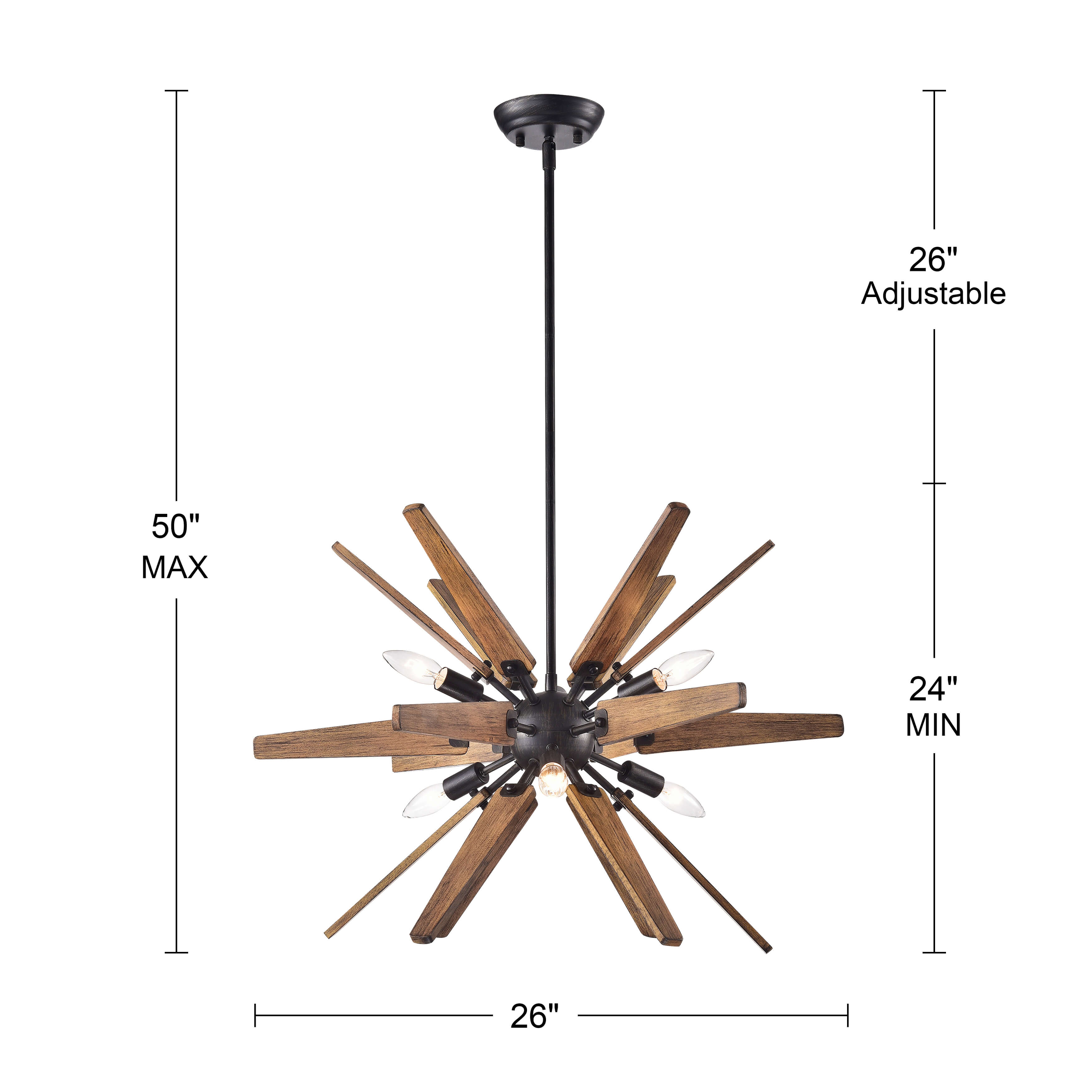 Bernice 6-Light Antique Black Iron Base Sputnik Natural Wood Chandelier FD-0193-TZG