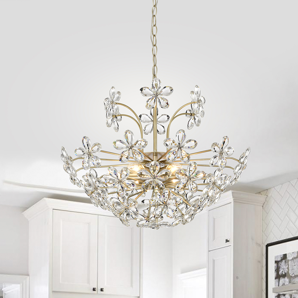 Rosa 6-Light Brushed Silver-ish Champagne Daisy Flower Crystal Large Size Chandelier FD-0402-CLD