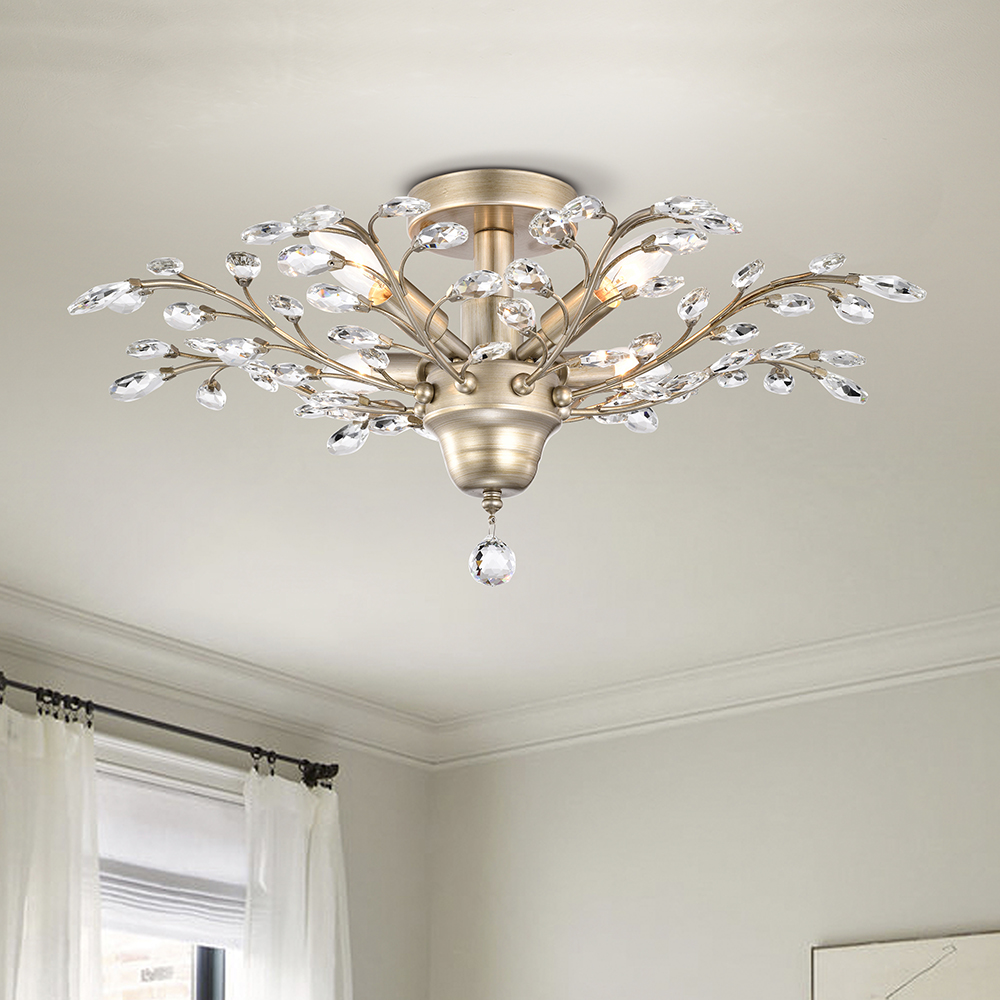 Holly 4-light Brushed Champagne Silver Crystal Leaves Flush Mount FD-0421-WNX