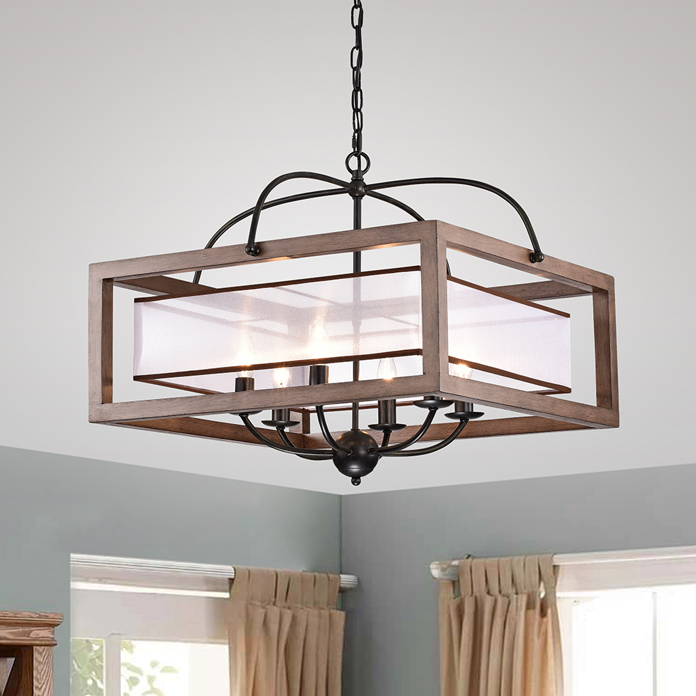 Alina 6-light Antique Black Metal Natural Wood Fabric Shade Chandelier FD-1559-JYN