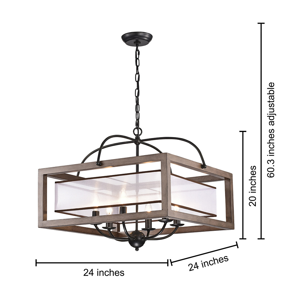 Alina 6-light Antique Black Metal Natural Wood Fabric Shade Chandelier FD-1559-JYN