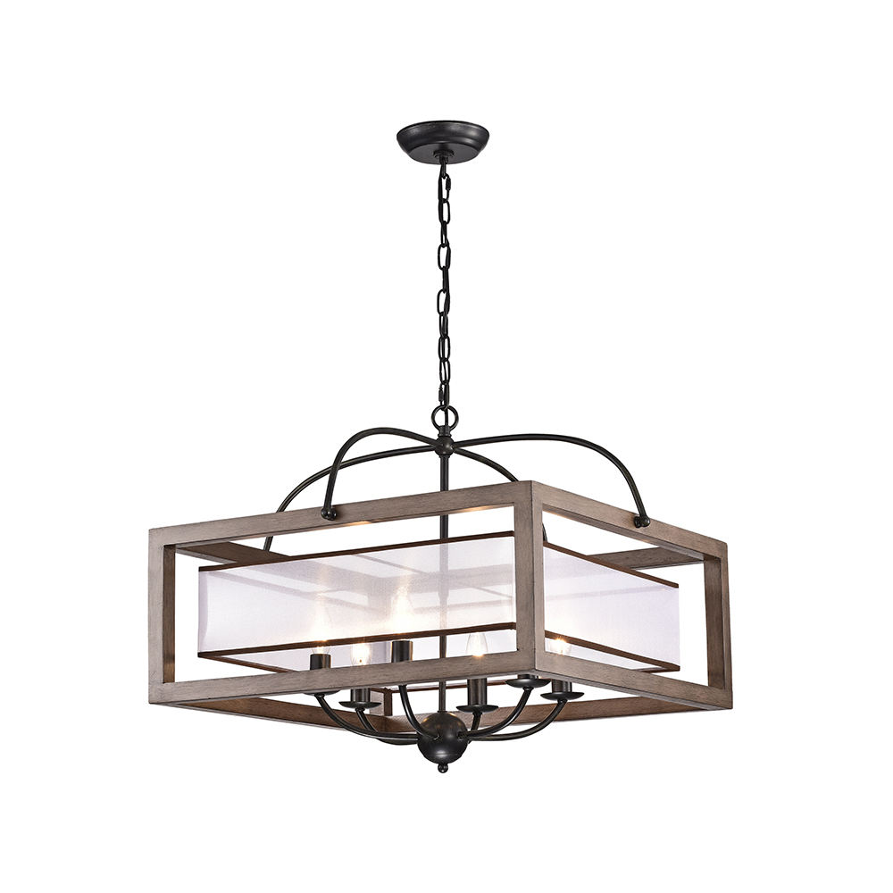 Alina 6-light Antique Black Metal Natural Wood Fabric Shade Chandelier FD-1559-JYN