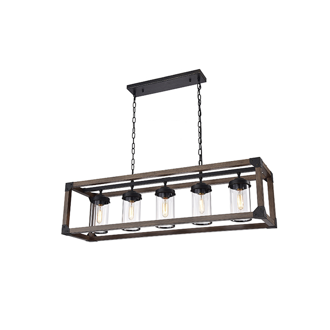 Daniela 5-light Antique Black Metal and Natural Wood Glass Chandelier FD-1795-LRY