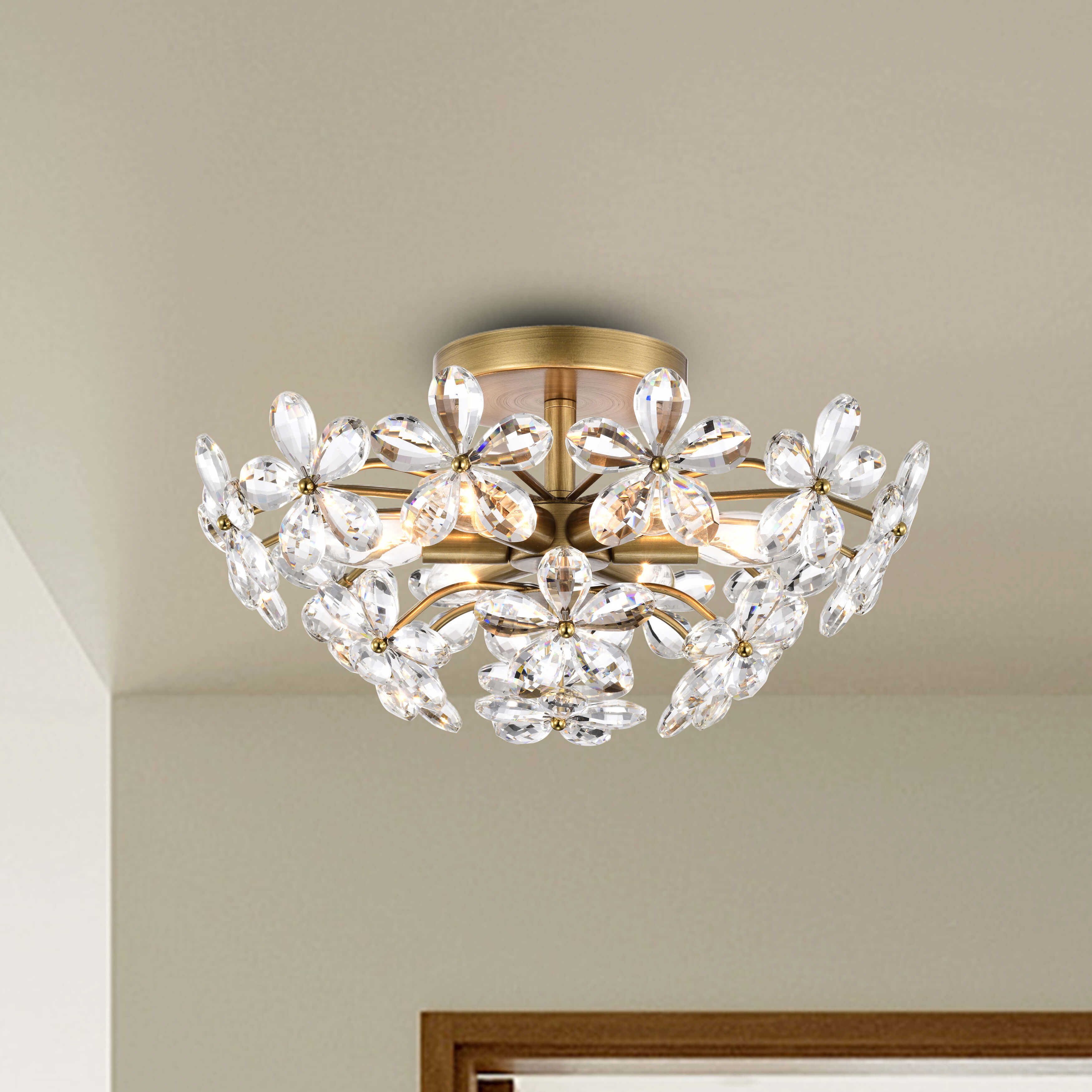 Rosa 6-Light Brushed Brass Finish Crystal Glass Flower Flush Mount FD-1843-UKL