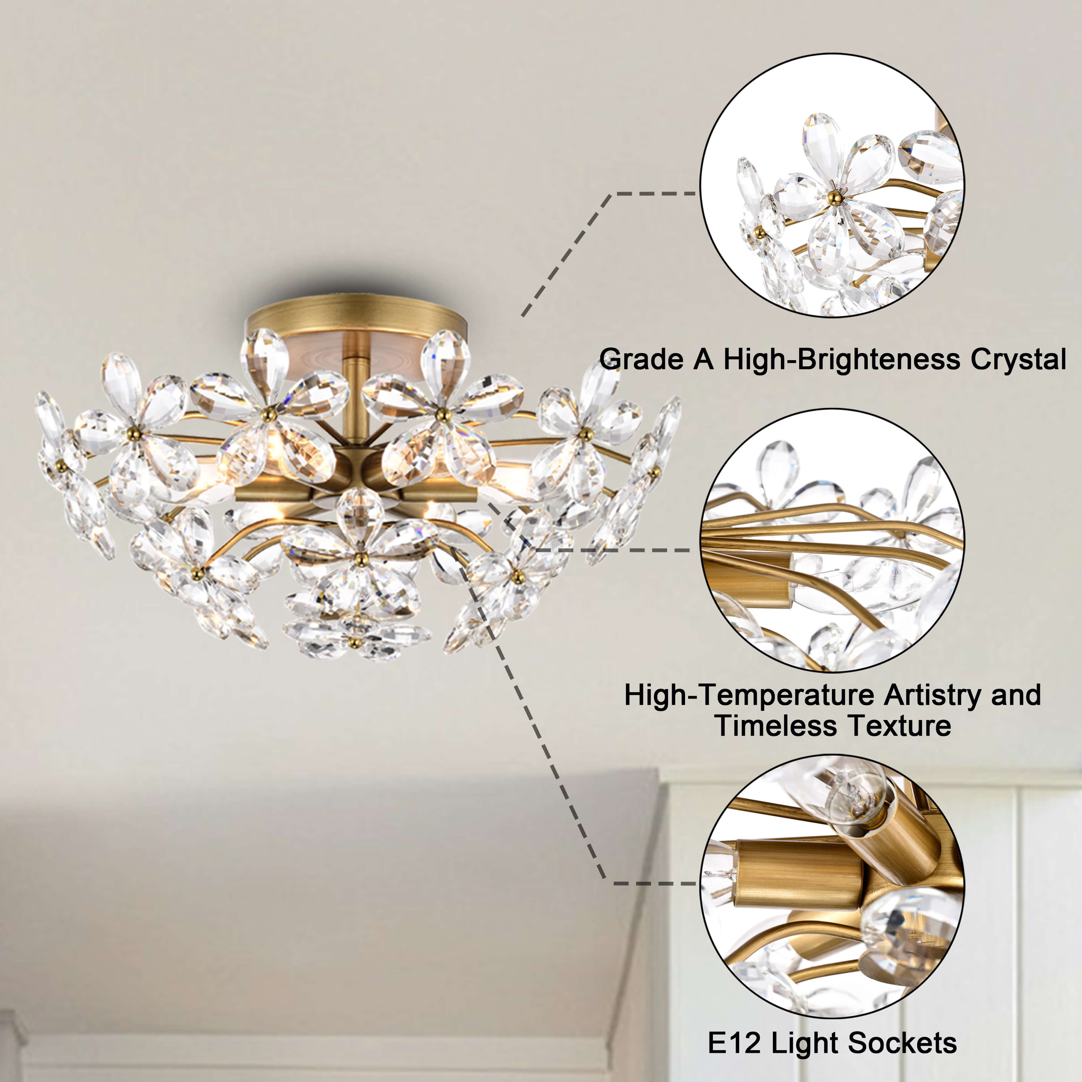 Rosa 6-Light Brushed Brass Finish Crystal Glass Flower Flush Mount FD-1843-UKL