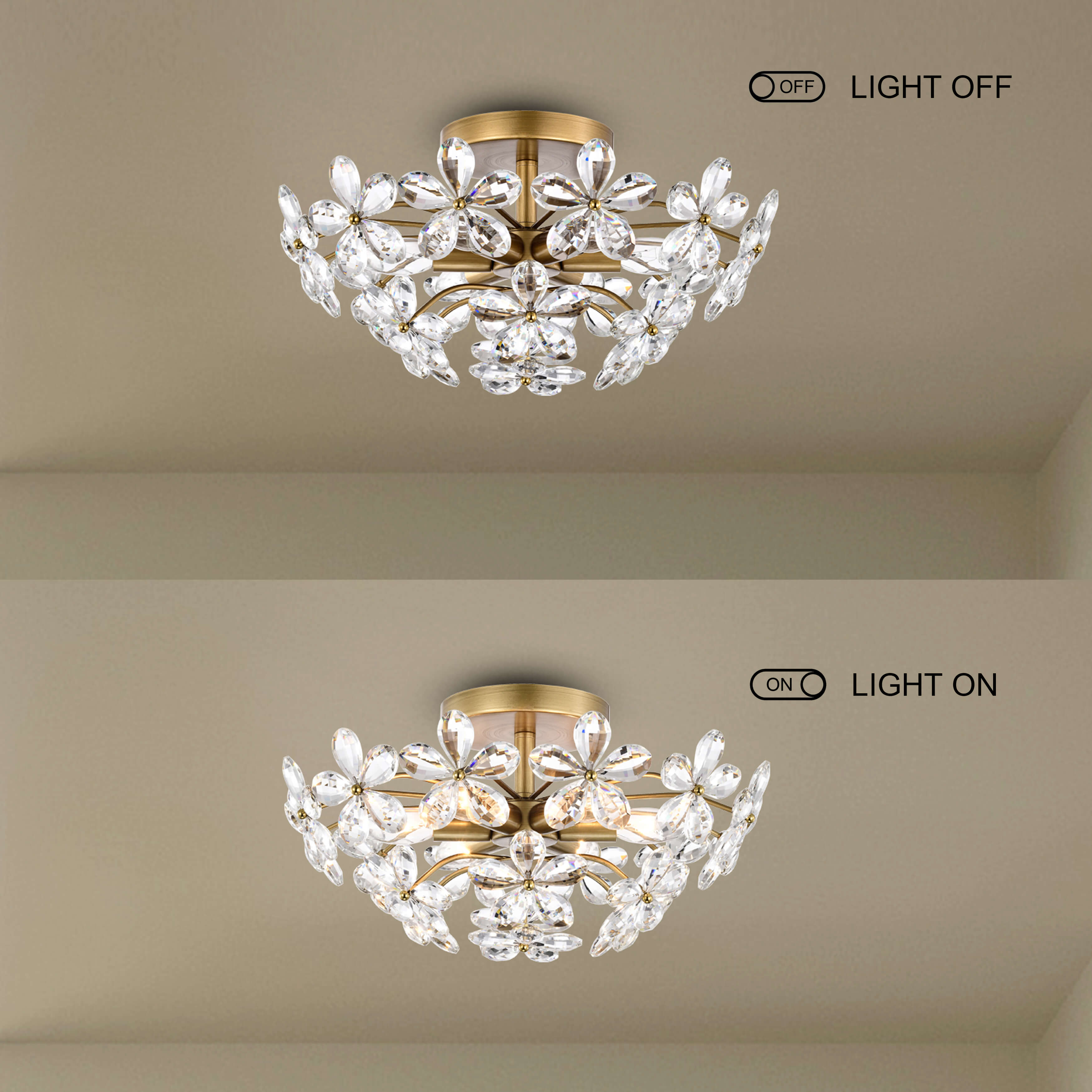 Rosa 6-Light Brushed Brass Finish Crystal Glass Flower Flush Mount FD-1843-UKL