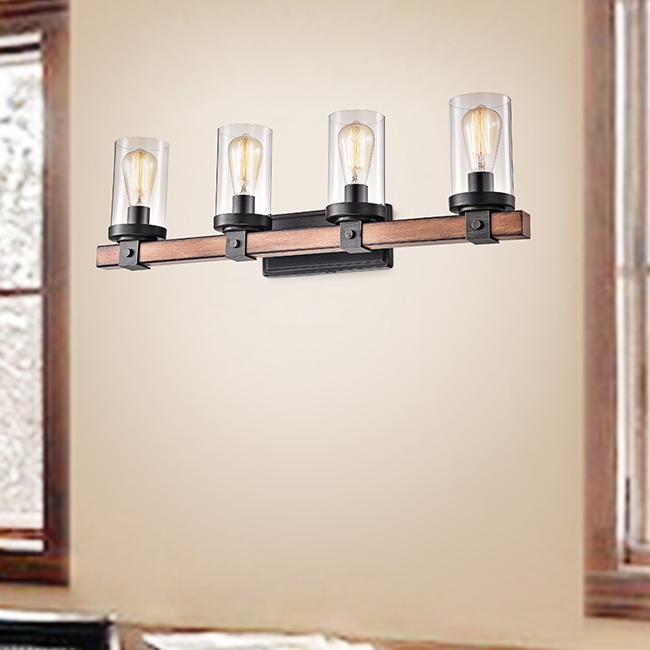 Cynthia Natural Wood 4-Light Glass Cylinder Antique Black Rectangle Wall Sconce FD-1880-HQK