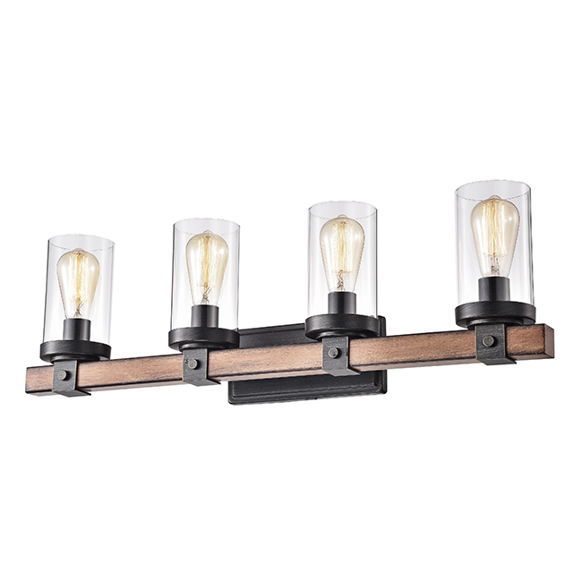 Cynthia Natural Wood 4-Light Glass Cylinder Antique Black Rectangle Wall Sconce FD-1880-HQK