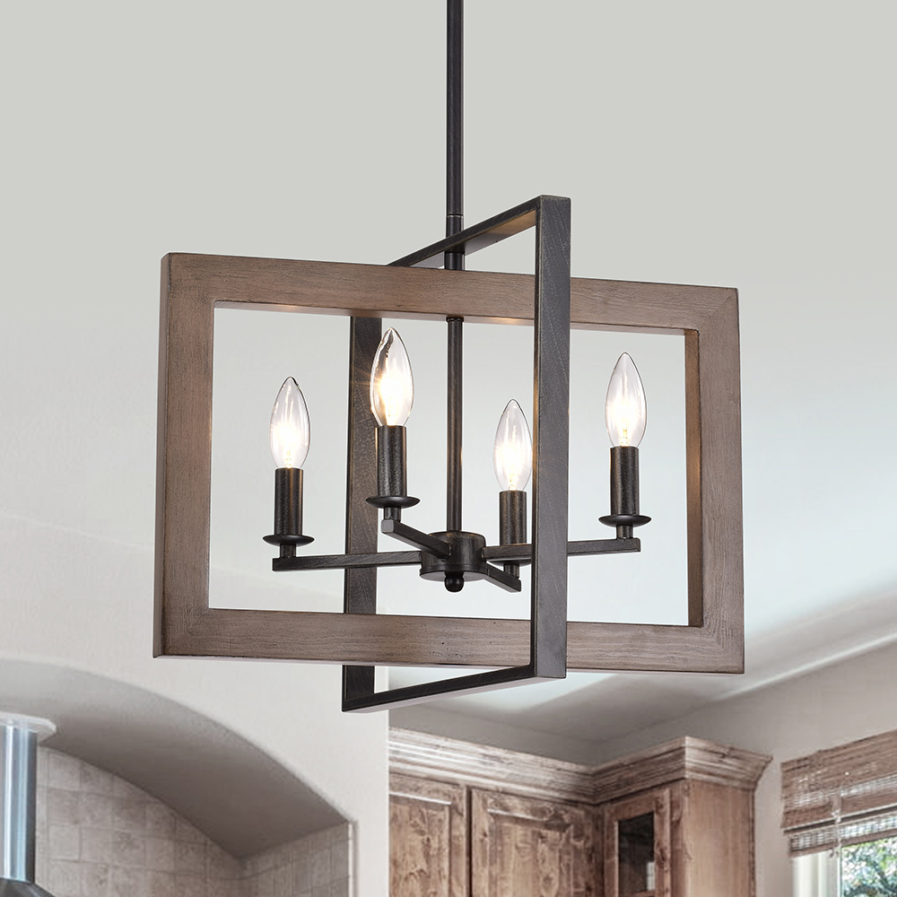 Daniela Natural Wood and Antique Black Metal Open Cage Chandelier FD-1915-DJU