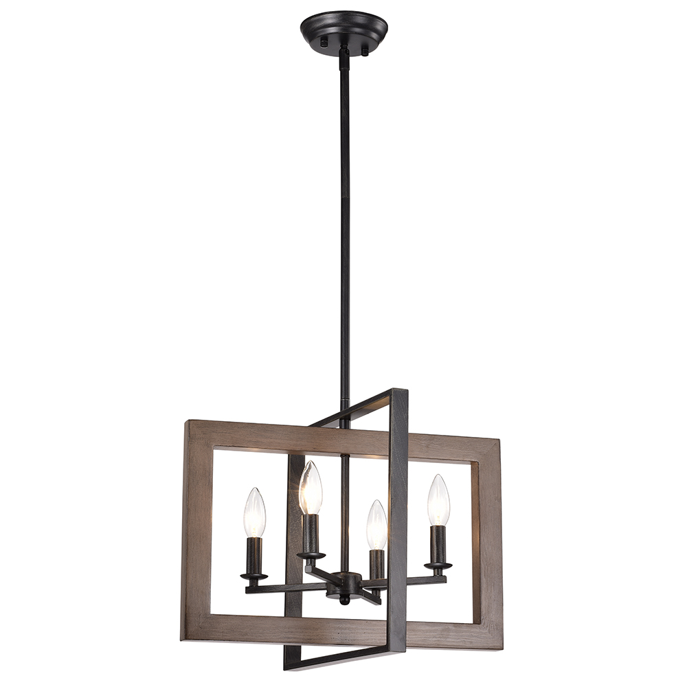 Daniela Natural Wood and Antique Black Metal Open Cage Chandelier FD-1915-DJU