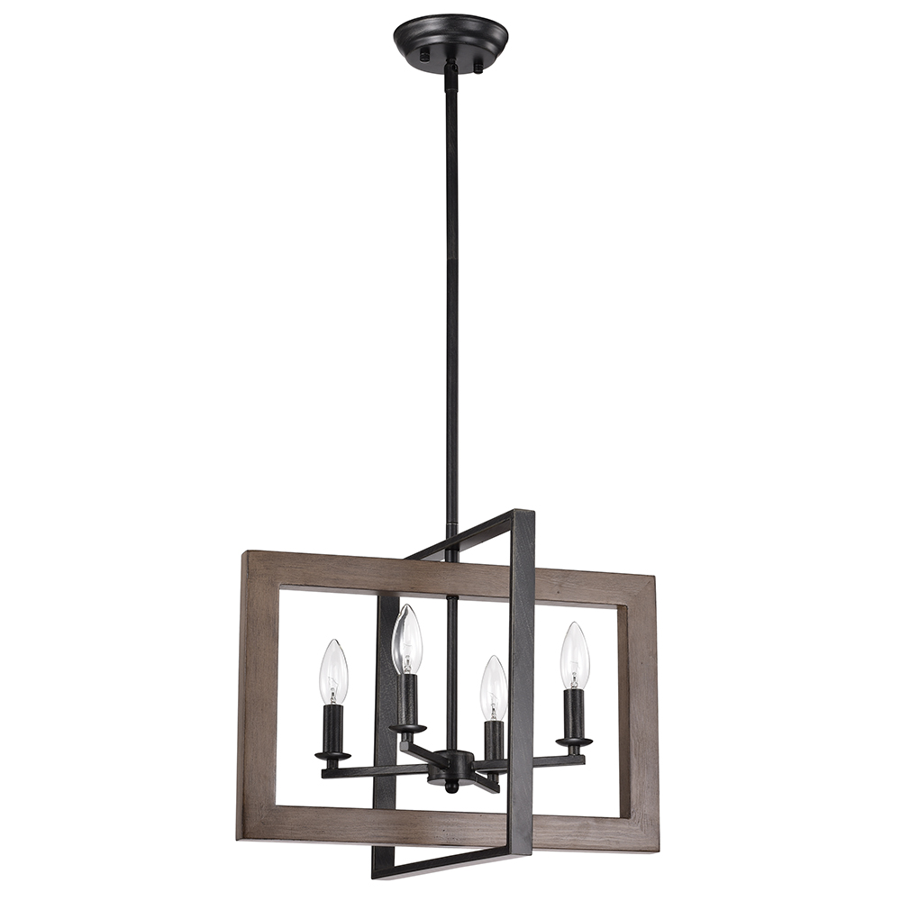 Daniela Natural Wood and Antique Black Metal Open Cage Chandelier FD-1915-DJU