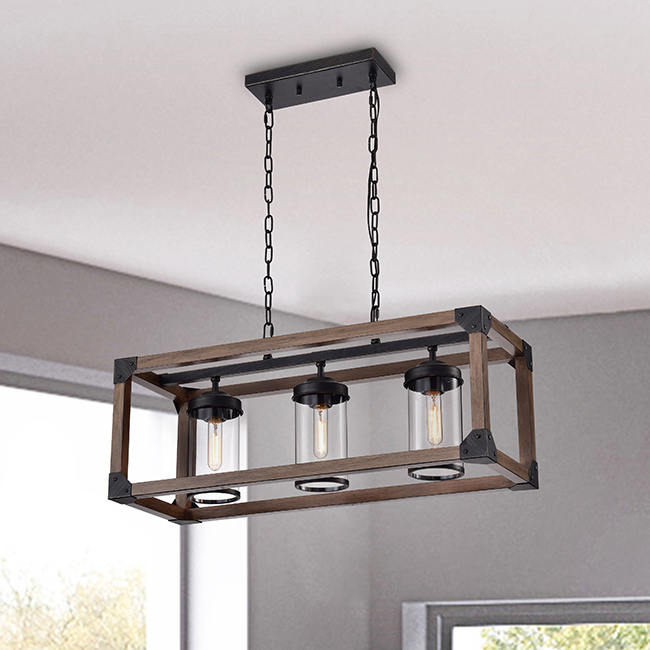 Daniela 3-light Antique Black Metal and Natural Wood Glass Chandelier FD-2405-XRV