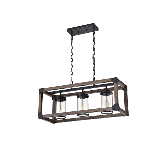 Daniela 3-light Antique Black Metal and Natural Wood Glass Chandelier FD-2405-XRV