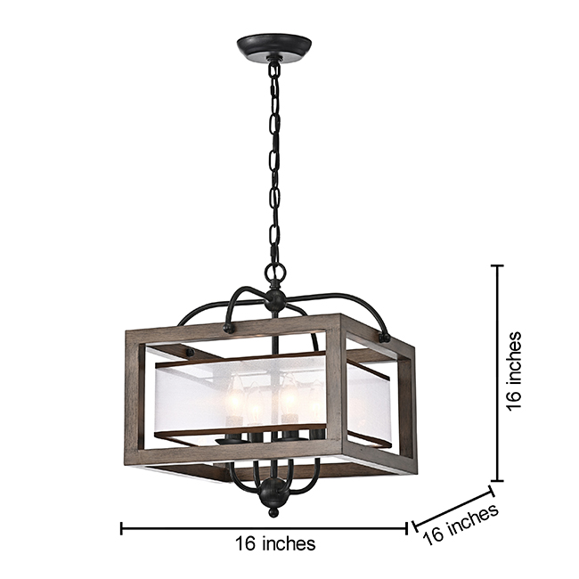 Alina Antique Black Metal Natural Wood Chandelier with Fabric Shade FD-2622-KCG