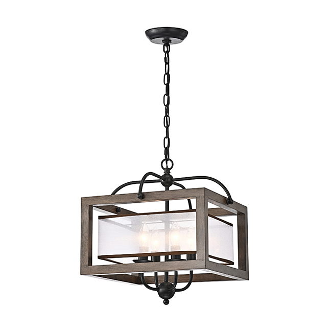 Alina Antique Black Metal Natural Wood Chandelier with Fabric Shade FD-2622-KCG