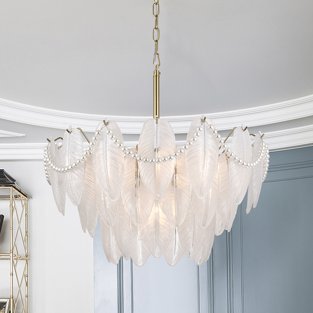 Paula Brushed Shiny Brass 7-Light Glass Feather-shaped Chandelier FD-2670-HYA