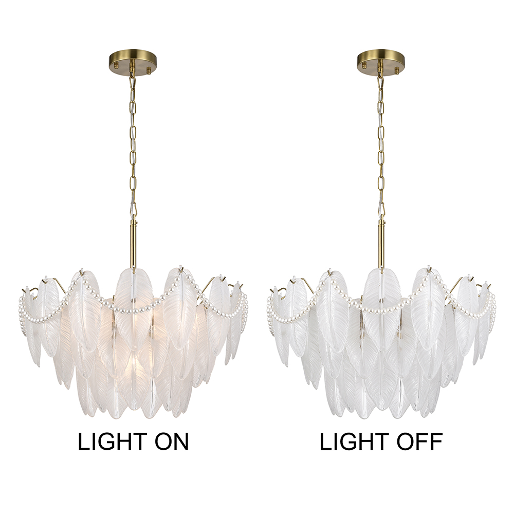 Paula Brushed Shiny Brass 7-Light Glass Feather-shaped Chandelier FD-2670-HYA