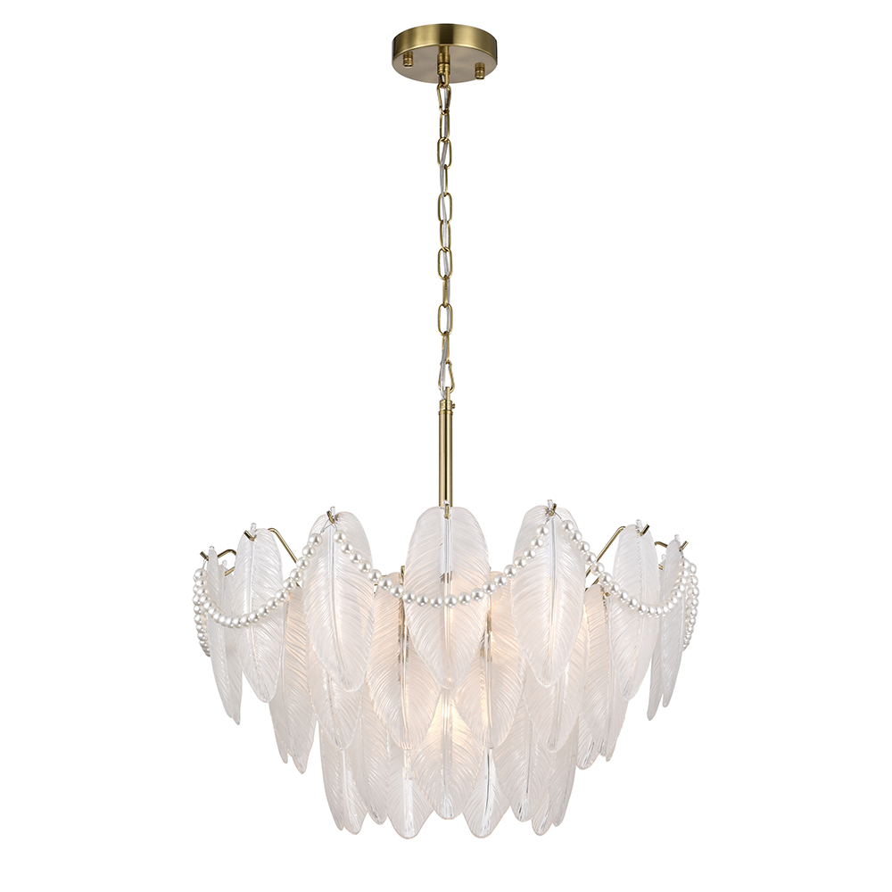 Paula Brushed Shiny Brass 7-Light Glass Feather-shaped Chandelier FD-2670-HYA