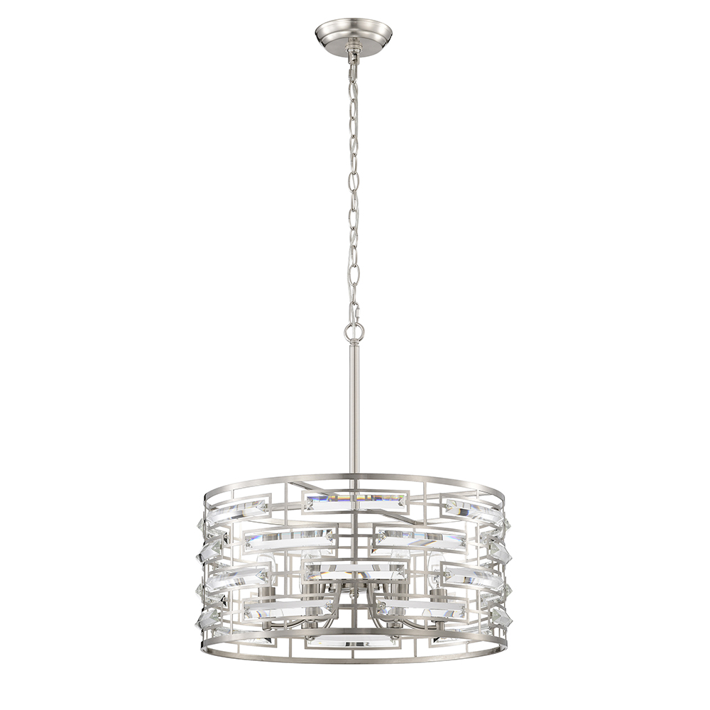 Anita Satin Nickel Drum Shade Chandelier with Clear Glass Prism FD-2717-WNY
