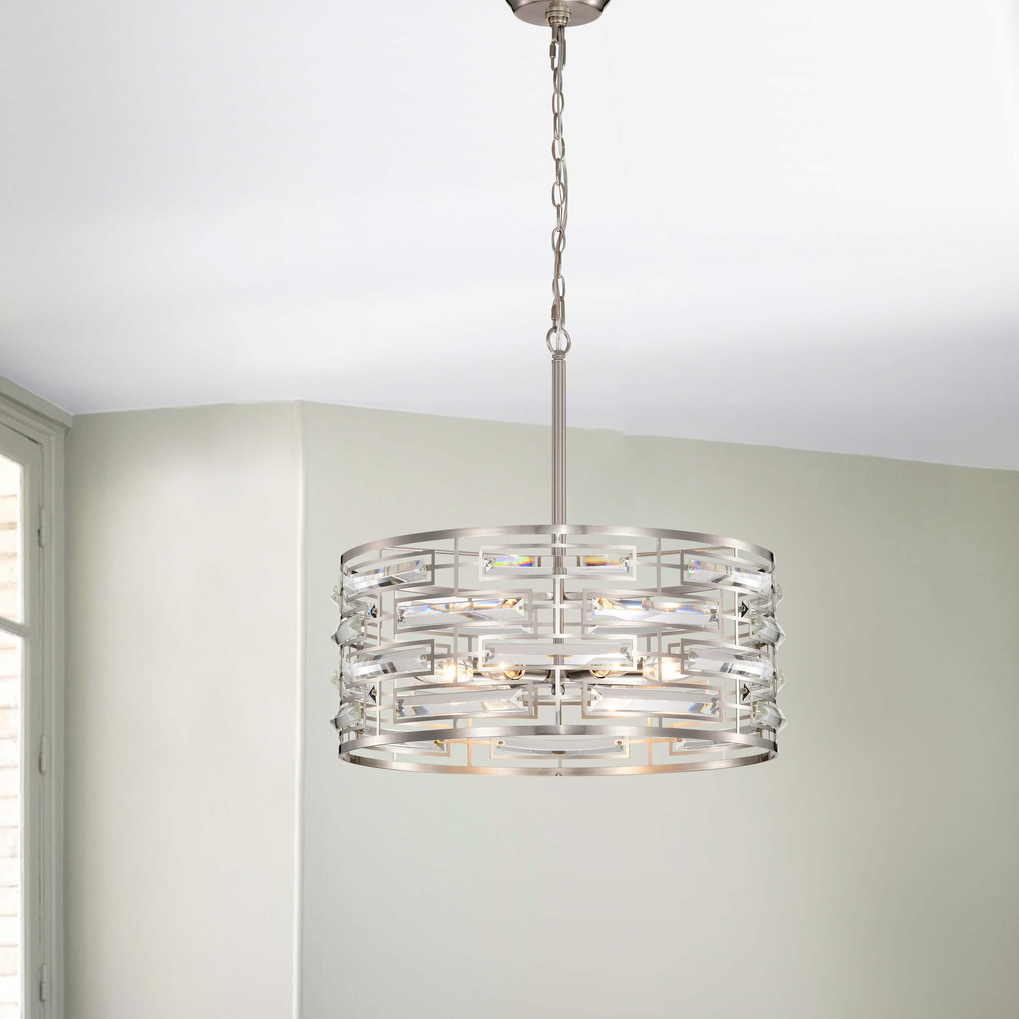 Anita Satin Nickel Drum Shade Chandelier with Clear Glass Prism FD-2717-WNY