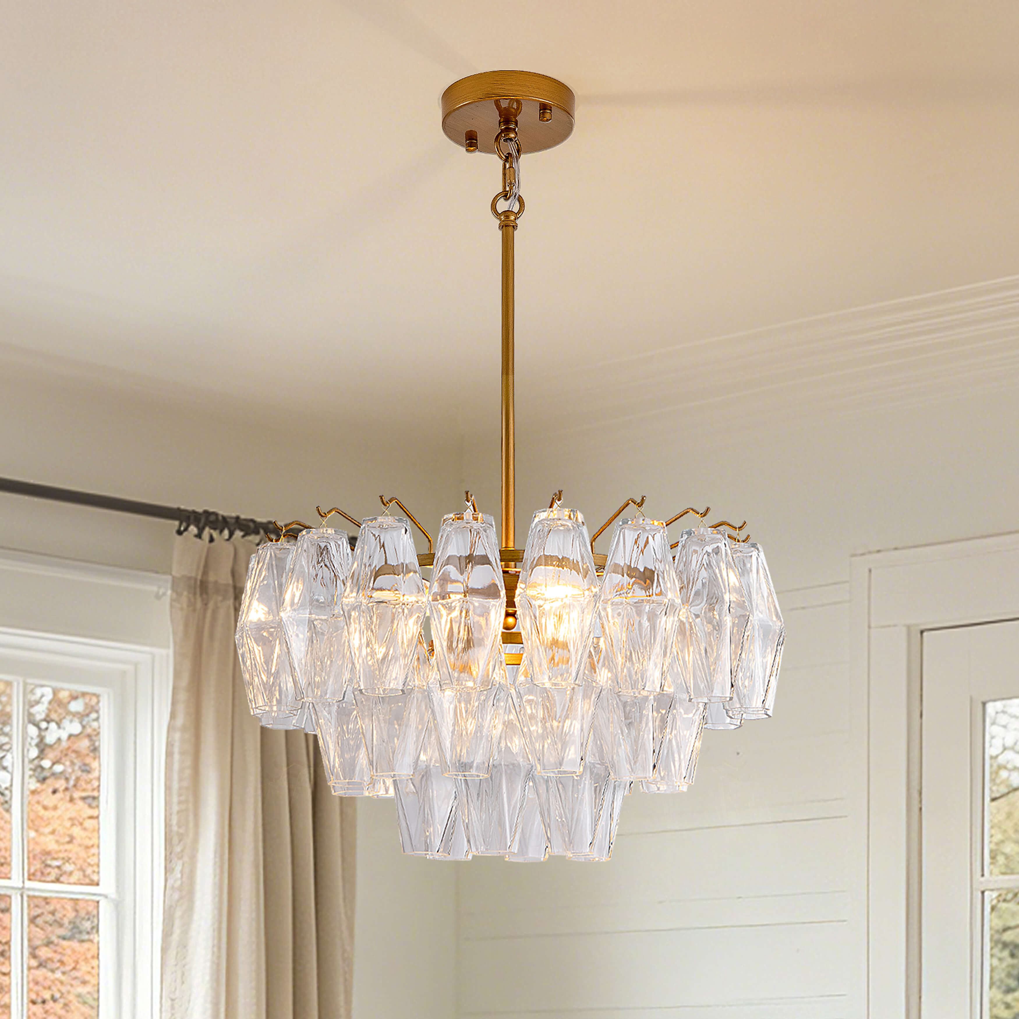 Camila 3-Light Multi-faceted Clear Glass Shade Round Tiered Chandelier - Low-gloss Brushed Brass FD-2962-FUYN
