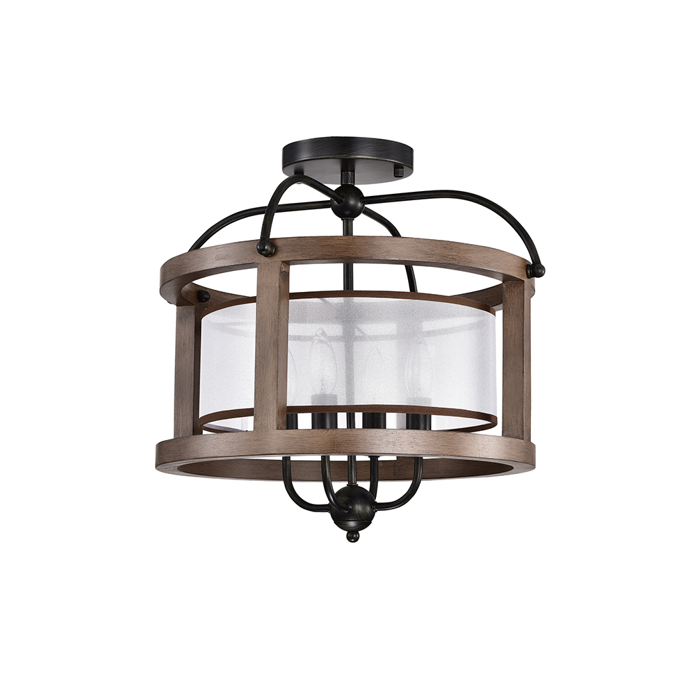 Alina Antique Black Metal Natural Wood Drum Fabric Shade Flush Mount FD-3559-MSP