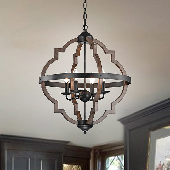 Adoncia 4-light Antique Black Metal and Brown Natural Wood Chandelier FD-3876-DUD