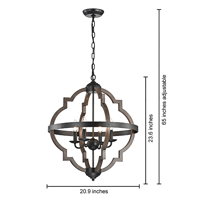 Adoncia 4-light Antique Black Metal and Brown Natural Wood Chandelier FD-3876-DUD