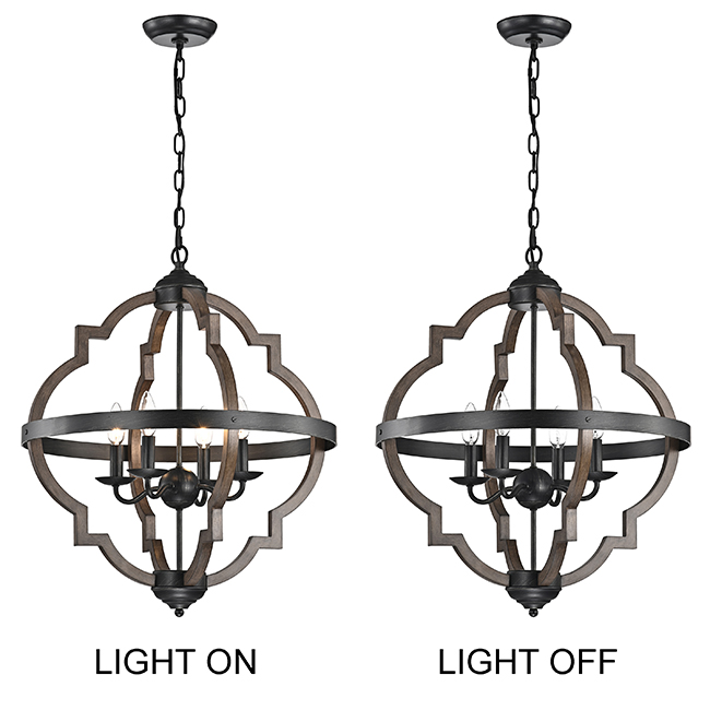 Adoncia 4-light Antique Black Metal and Brown Natural Wood Chandelier FD-3876-DUD