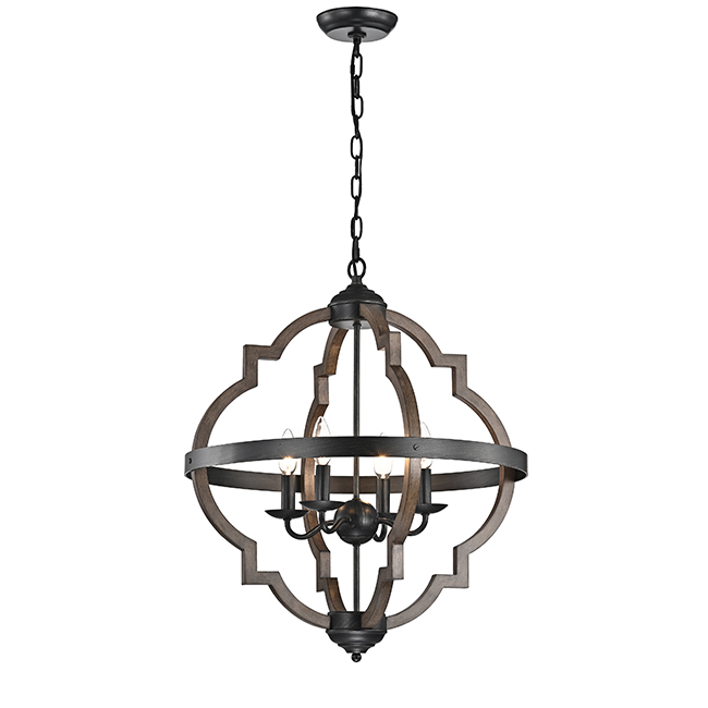 Adoncia 4-light Antique Black Metal and Brown Natural Wood Chandelier FD-3876-DUD