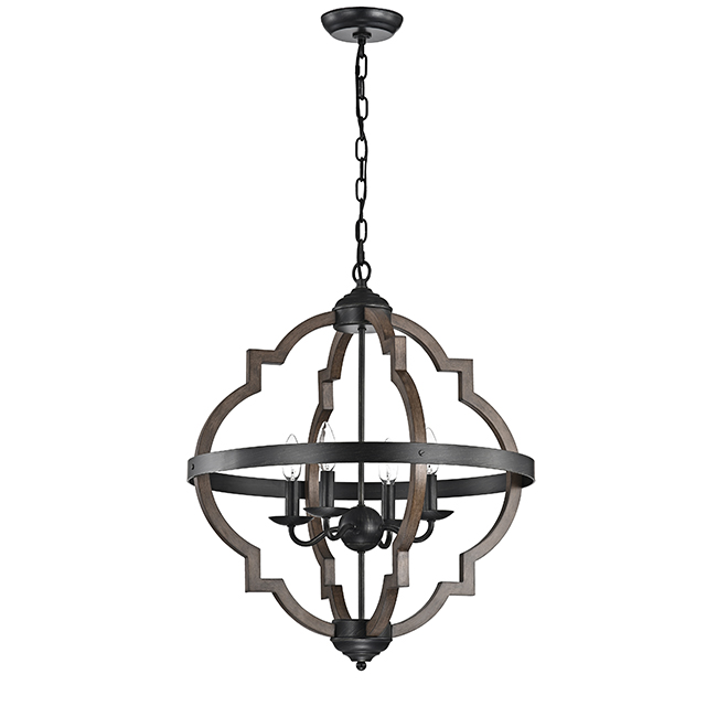 Adoncia 4-light Antique Black Metal and Brown Natural Wood Chandelier FD-3876-DUD