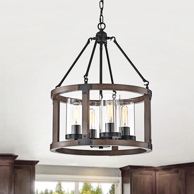 Daniela Pine Wood Drum Cage Glass Pendant with Antique Black Metal FD-3990-ATH