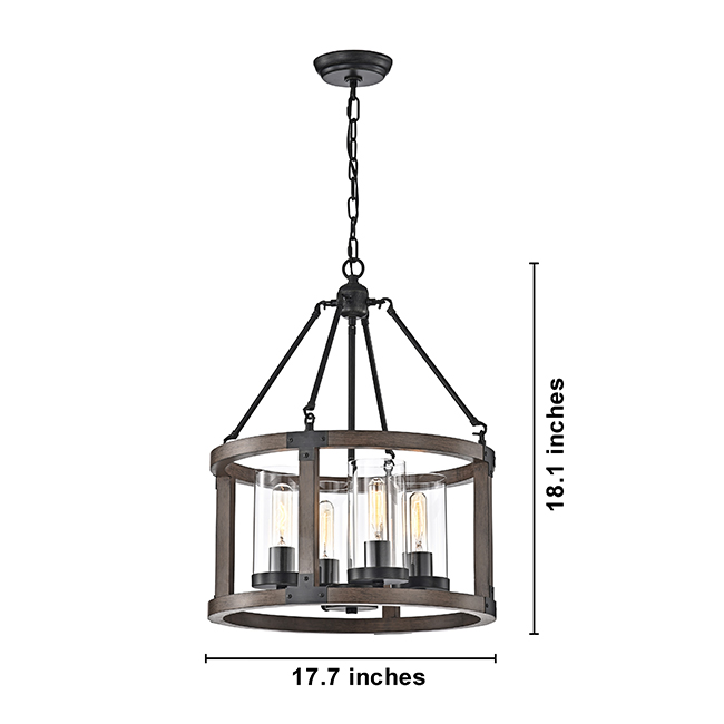 Daniela Pine Wood Drum Cage Glass Pendant with Antique Black Metal FD-3990-ATH