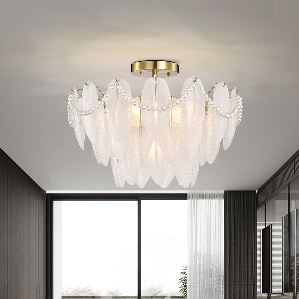 Paula 7-Light Brushed Shiny Brass Glass Feather-shaped Flush Mount FD-4091-DPN