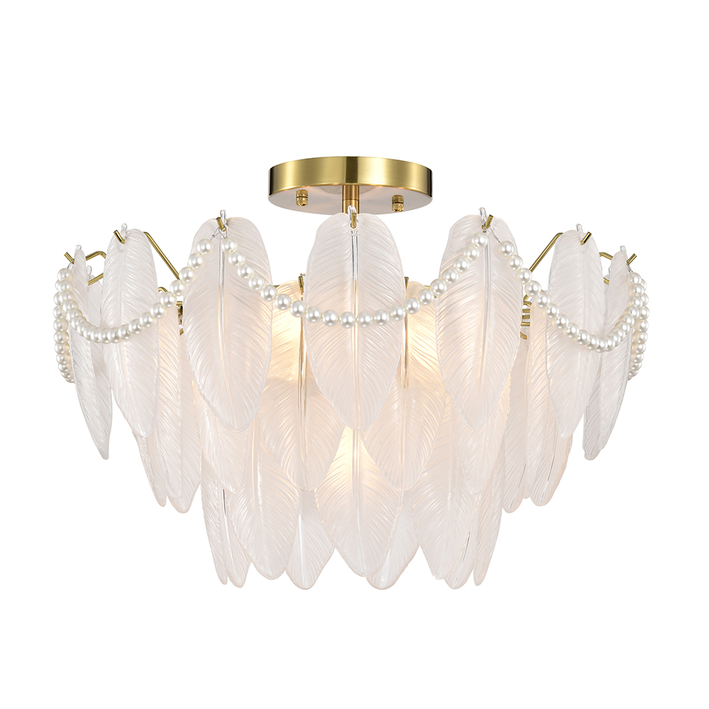 Paula 7-Light Brushed Shiny Brass Glass Feather-shaped Flush Mount FD-4091-DPN