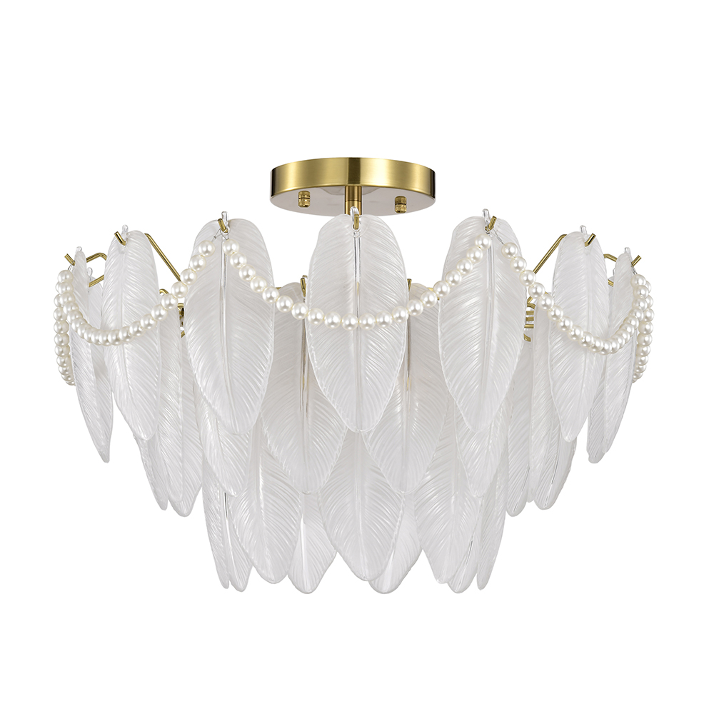 Paula 7-Light Brushed Shiny Brass Glass Feather-shaped Flush Mount FD-4091-DPN