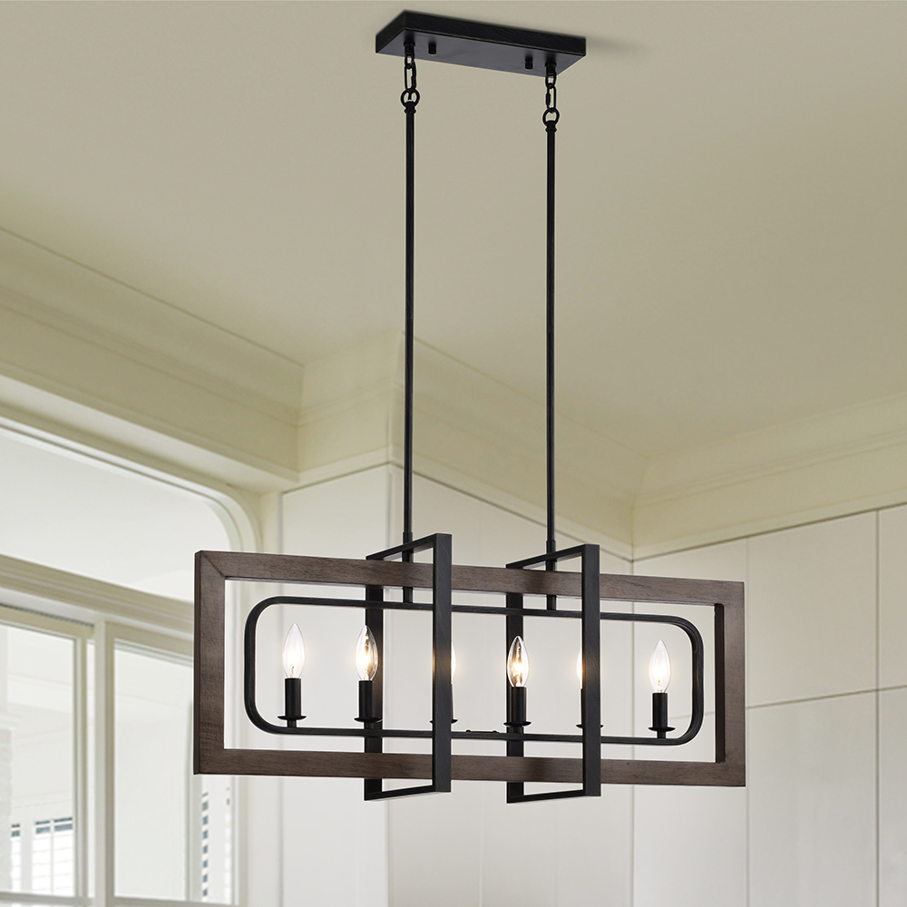 Daniela Natural Wood and Antique Black Metal Frame Linear Chandelier FD-4118-TZK