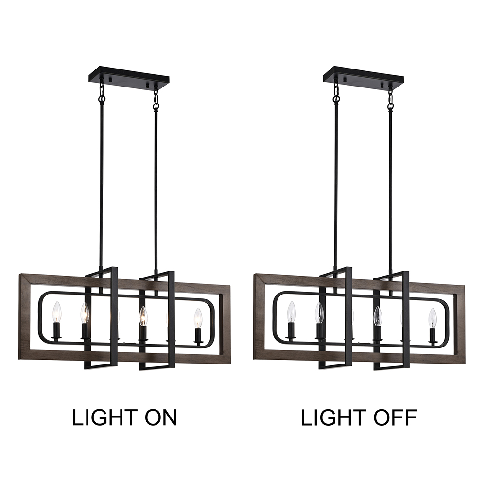 Daniela Natural Wood and Antique Black Metal Frame Linear Chandelier FD-4118-TZK