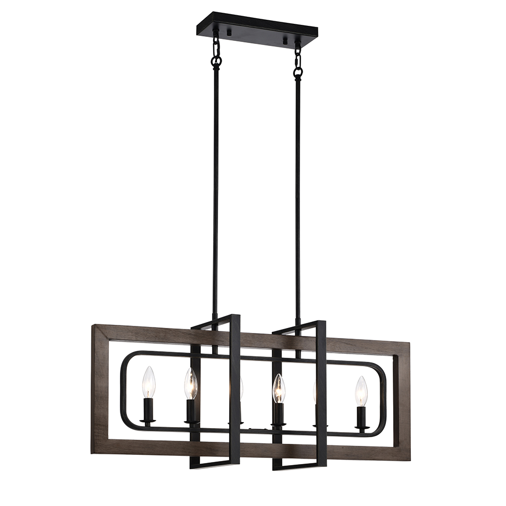 Daniela Natural Wood and Antique Black Metal Frame Linear Chandelier FD-4118-TZK