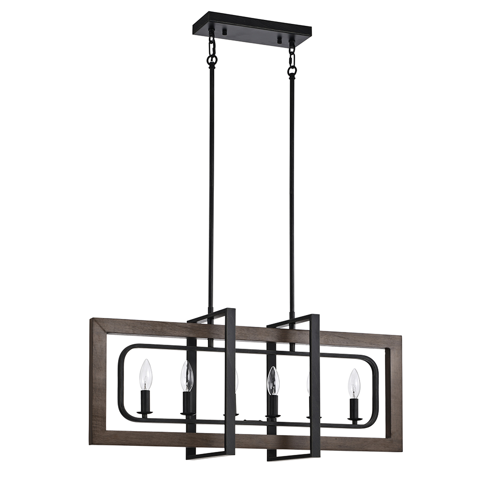 Daniela Natural Wood and Antique Black Metal Frame Linear Chandelier FD-4118-TZK