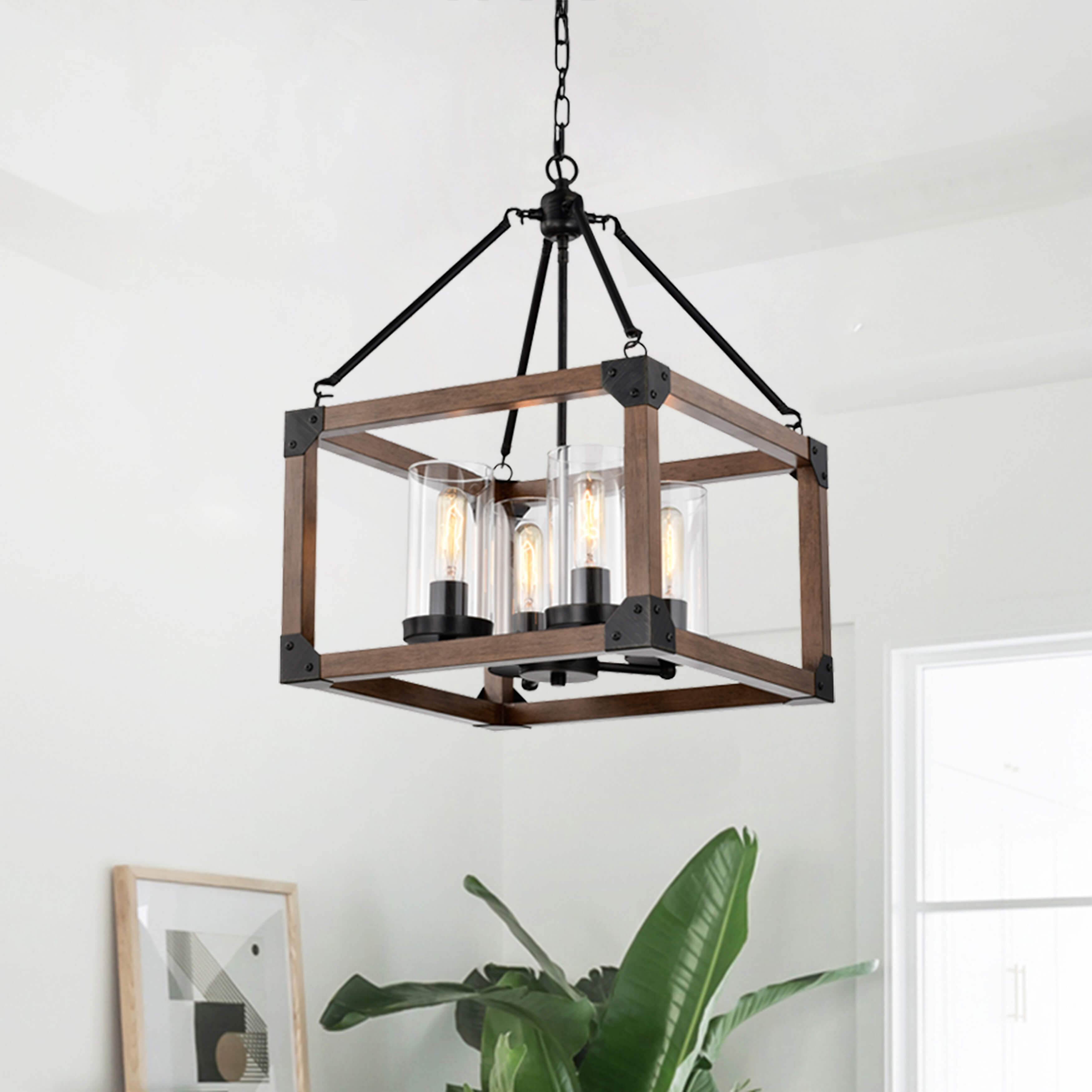 Daniela 4-light Antique Black Wooden Cage Glass Cylinders Cage Pendant Chandelier FD-4353-LSZ