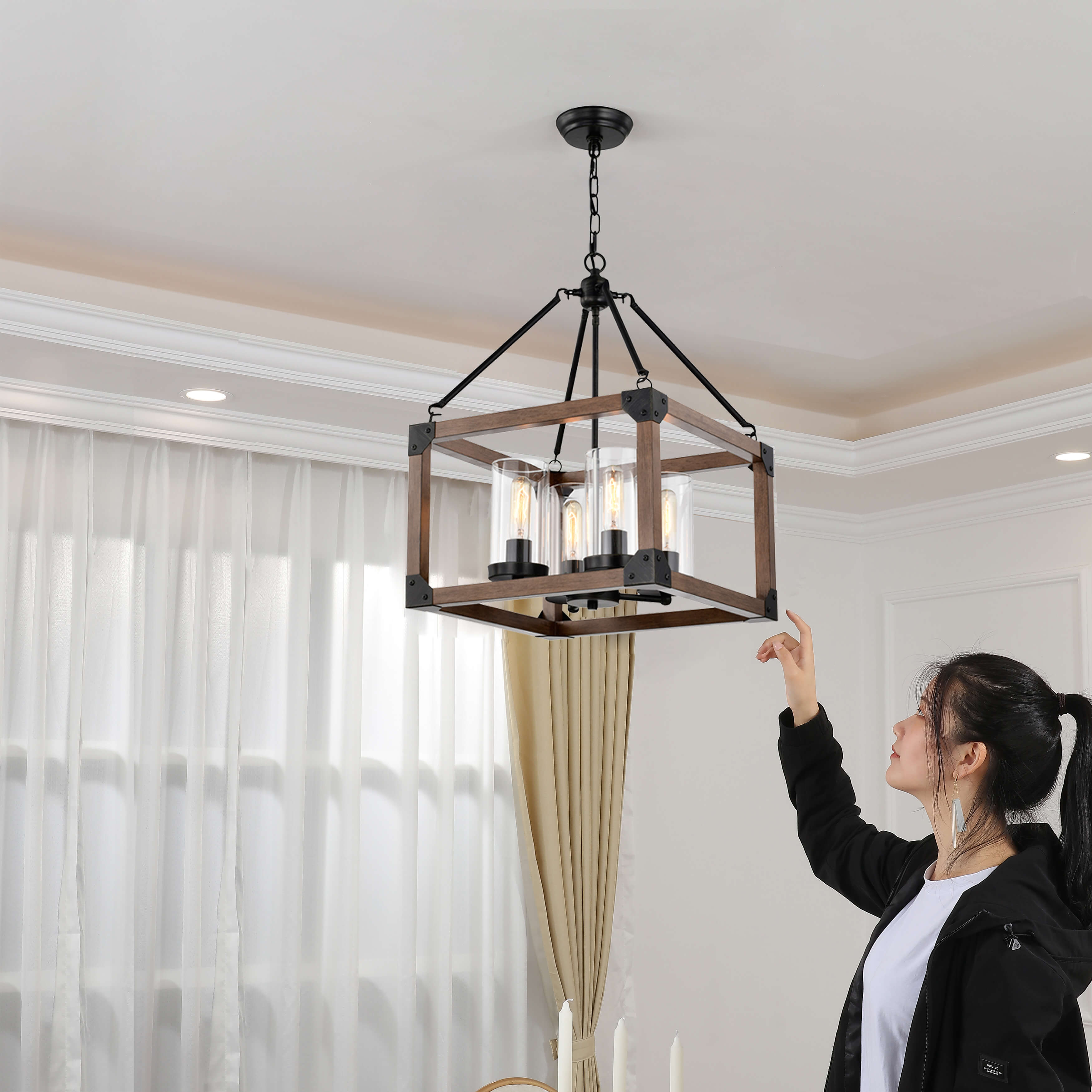 Daniela 4-light Antique Black Wooden Cage Glass Cylinders Cage Pendant Chandelier FD-4353-LSZ