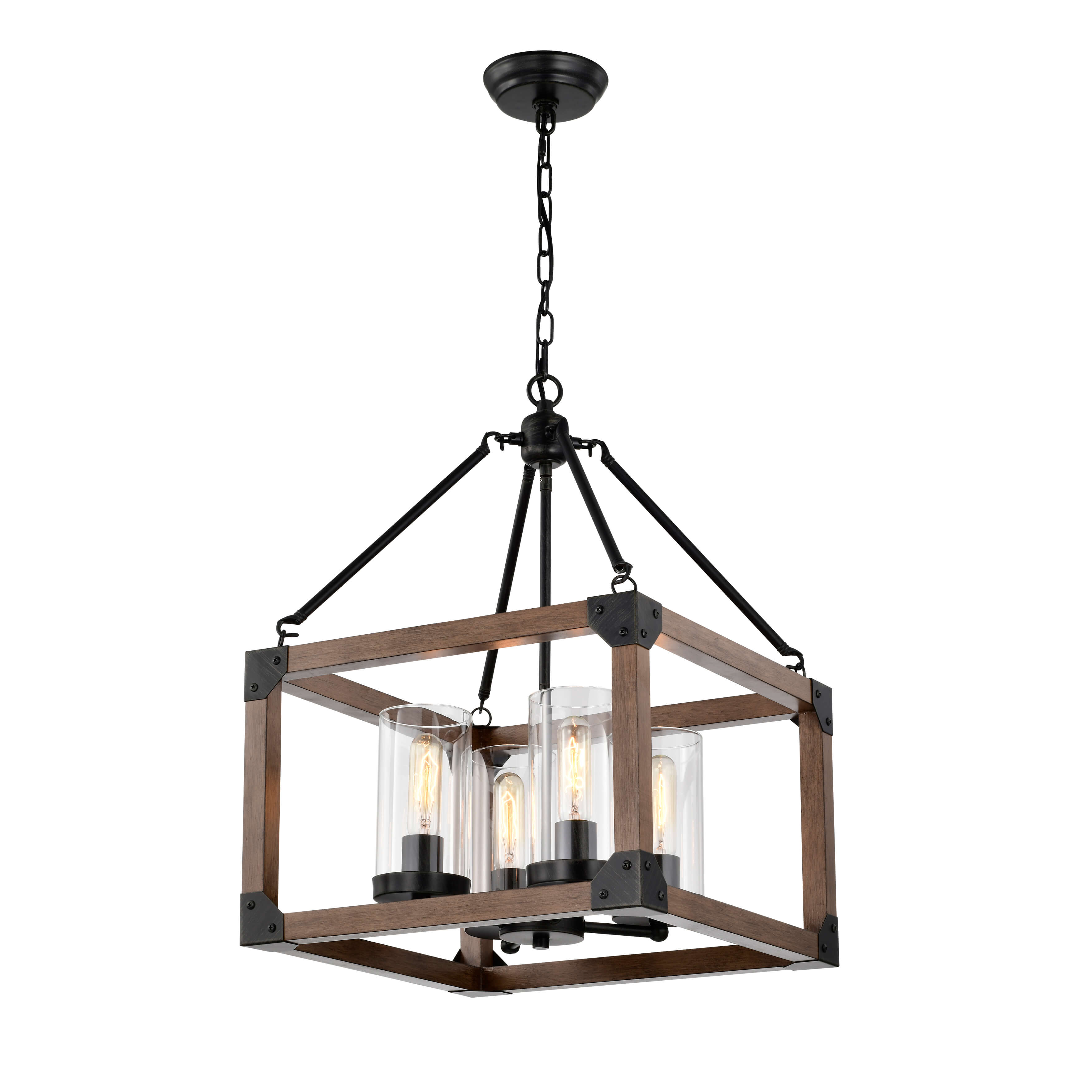 Daniela 4-light Antique Black Wooden Cage Glass Cylinders Cage Pendant Chandelier FD-4353-LSZ