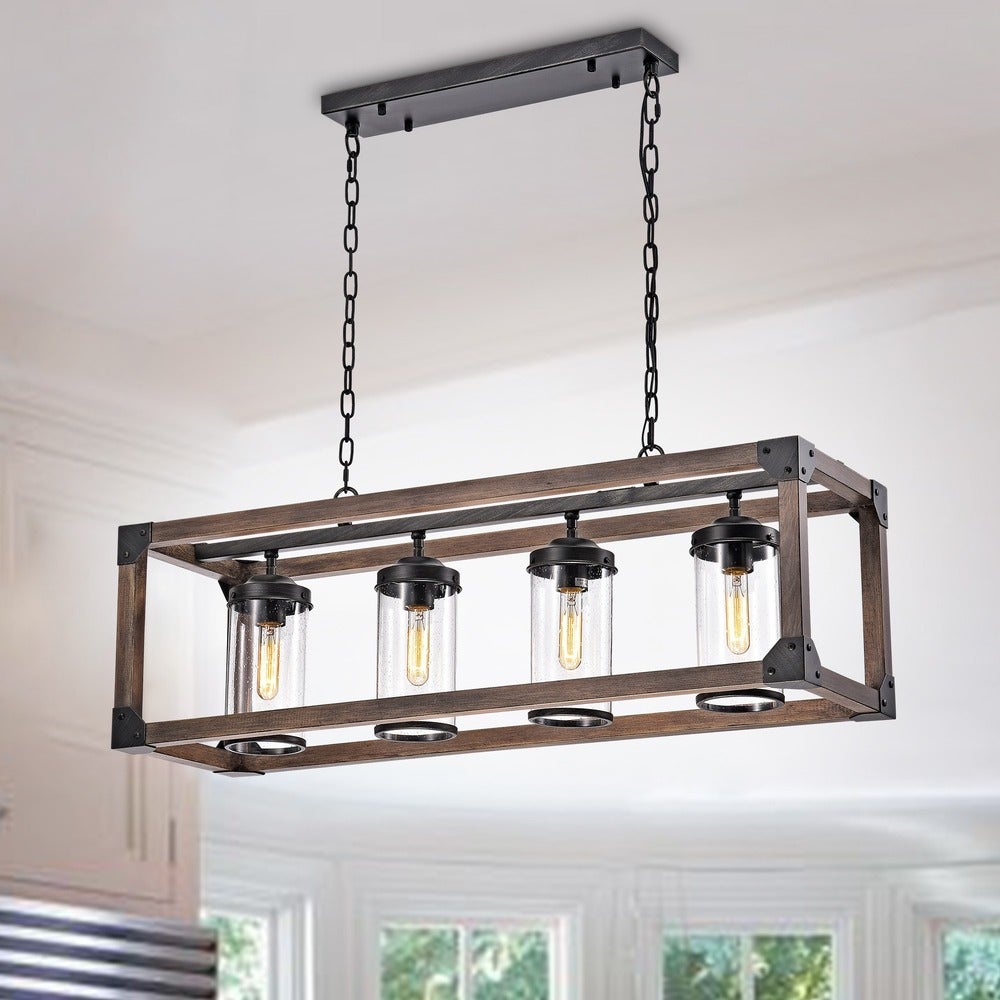 Daniela Chic Antique Black Metal and Wood Bubble Glass Cylinders Rectangular Pendant Chandelier FD-4671-NZF