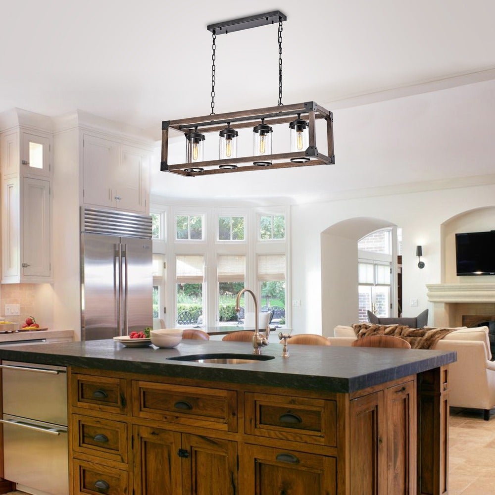 Daniela Chic Antique Black Metal and Wood Bubble Glass Cylinders Rectangular Pendant Chandelier FD-4671-NZF