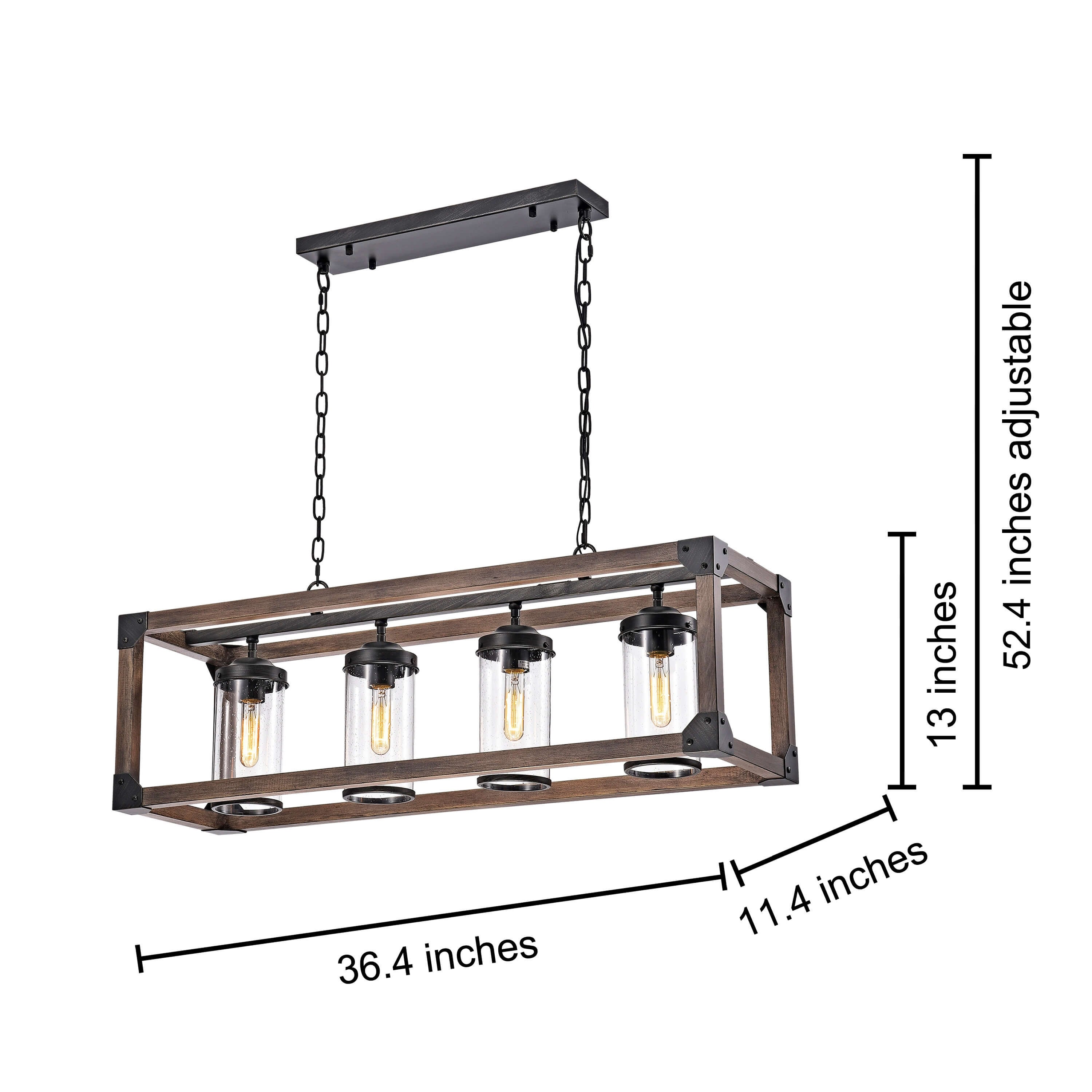 Daniela Chic Antique Black Metal and Wood Bubble Glass Cylinders Rectangular Pendant Chandelier FD-4671-NZF